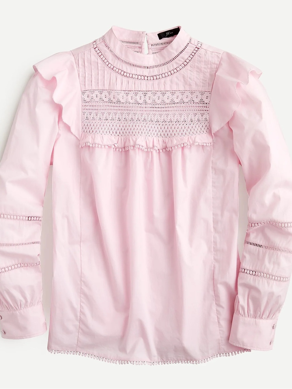 J Crew light pink ruffled crochet high neck blouse XS